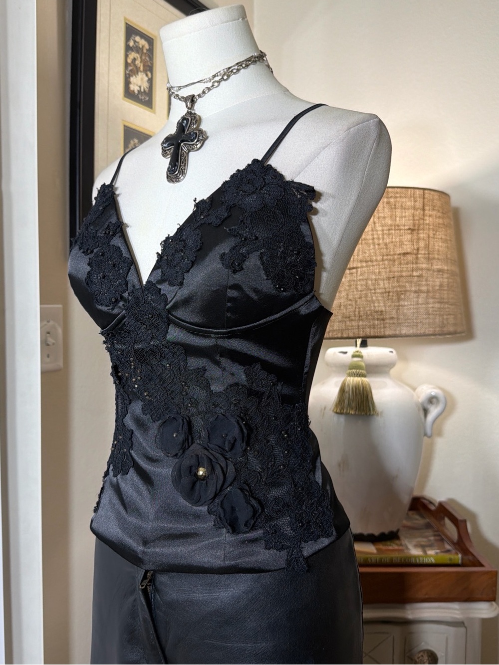 Y2K Celo Jeans Black Beaded Lace Satin Corset Camisole Top - Picture 2 of 4